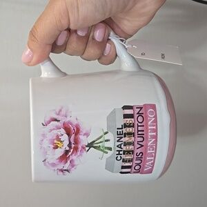 NWT Pink Mug designer names printed on, ceramic